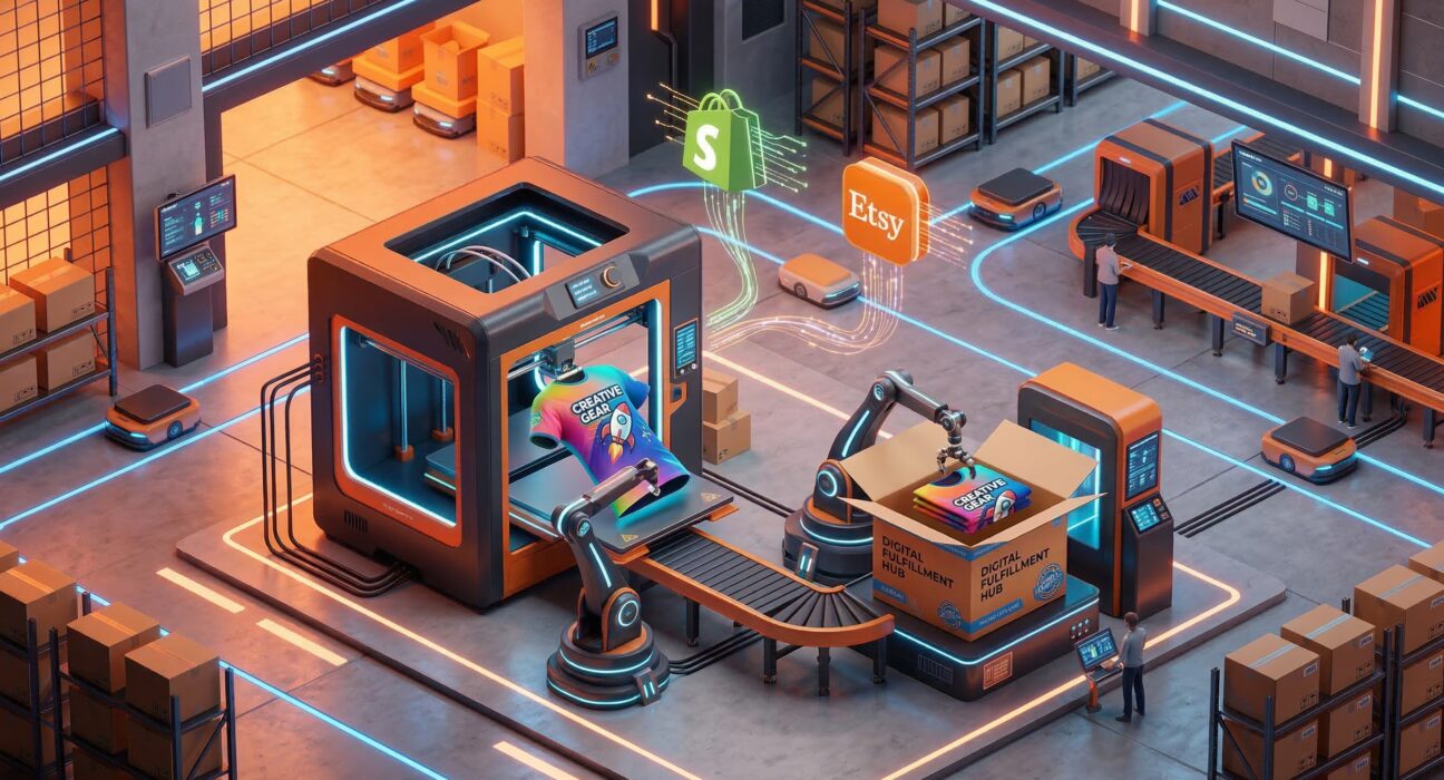 A high-quality, professional 3D isometric illustration of a "Digital Fulfillment Hub" showing a 3D printer creating a vibrant custom t-shirt that is being packaged into a branded box, floating icons of Shopify and Etsy, minimalist tech style, vibrant orange and electric blue lighting