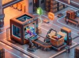 A high-quality, professional 3D isometric illustration of a "Digital Fulfillment Hub" showing a 3D printer creating a vibrant custom t-shirt that is being packaged into a branded box, floating icons of Shopify and Etsy, minimalist tech style, vibrant orange and electric blue lighting