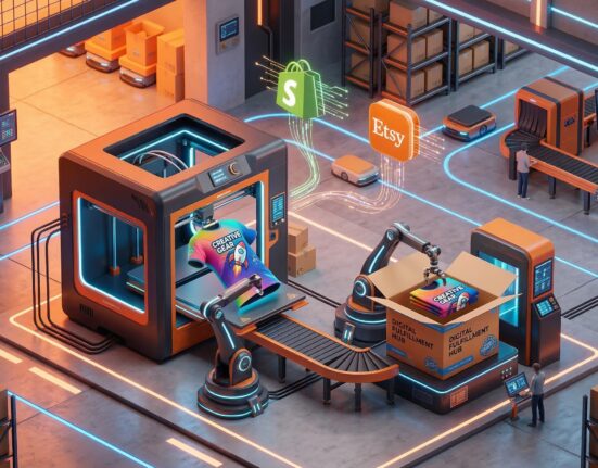 A high-quality, professional 3D isometric illustration of a "Digital Fulfillment Hub" showing a 3D printer creating a vibrant custom t-shirt that is being packaged into a branded box, floating icons of Shopify and Etsy, minimalist tech style, vibrant orange and electric blue lighting