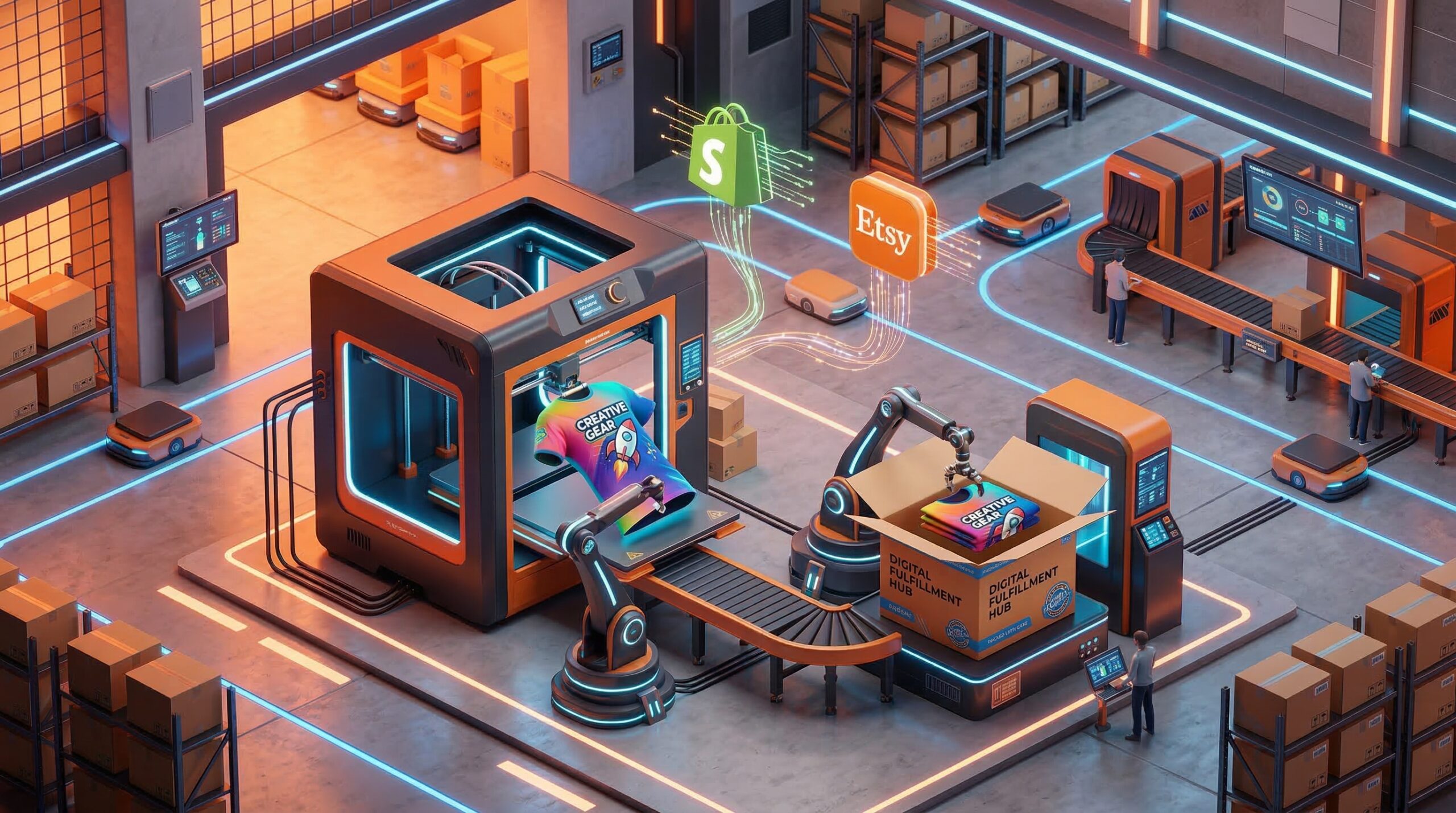 A high-quality, professional 3D isometric illustration of a "Digital Fulfillment Hub" showing a 3D printer creating a vibrant custom t-shirt that is being packaged into a branded box, floating icons of Shopify and Etsy, minimalist tech style, vibrant orange and electric blue lighting